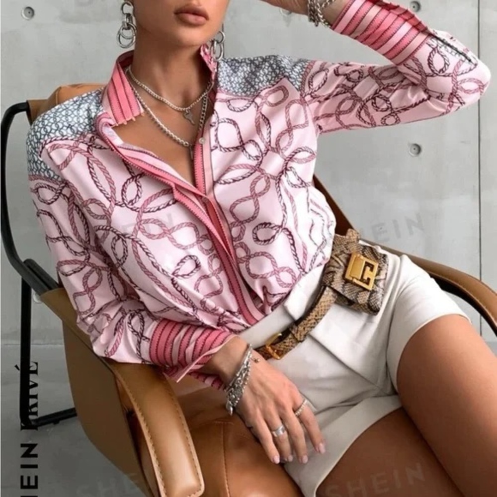 Rope western print Button Down Blouse Pink Baby Blue Girly Barbiecore size S‍‍